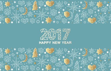 Fototapeta na wymiar Happy New Year luxury gold seamless pattern with stars, balls, noel, heart and holiday elements in geometric style.