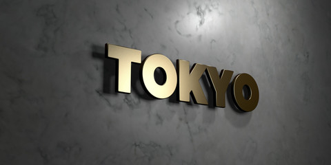 Tokyo - Gold sign mounted on glossy marble wall  - 3D rendered royalty free stock illustration. This image can be used for an online website banner ad or a print postcard.