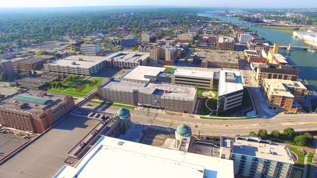Aerial tour of scenic urban downtown district, Green Bay, Wisconsin.
