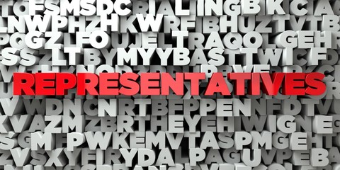 REPRESENTATIVES -  Red text on typography background - 3D rendered royalty free stock image. This image can be used for an online website banner ad or a print postcard.