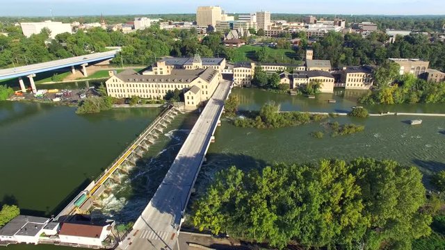 Scenic Fox River, Waterfront Buildings, Damn, Bridge Appleton Wisconsin
