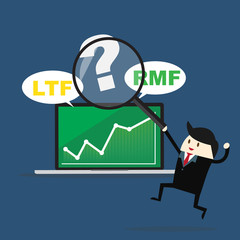 businessman pointing up magnifier to laptop graph board with word LTF , RMF, the success concept more and more. vector