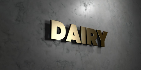 Dairy - Gold sign mounted on glossy marble wall  - 3D rendered royalty free stock illustration. This image can be used for an online website banner ad or a print postcard.
