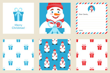 Merry Christmas greeting card set.Seamless patterns. Cute Snowman.