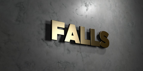 Falls - Gold sign mounted on glossy marble wall  - 3D rendered royalty free stock illustration. This image can be used for an online website banner ad or a print postcard.