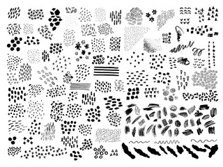Huge set of universal hand drawn design elements, textures, shapes. Scribble strips, spots, stains, circles, dots, blots