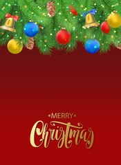 Christmas background with fir tree branches, pine cone, bell, bow and red, blue, yellow balls, confetti