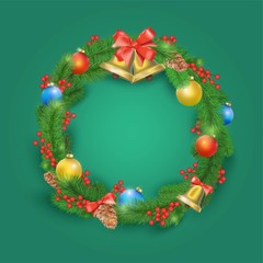 Fototapeta na wymiar Festive Christmas wreath with balls, bells, mistletoe, tree cone and bow.