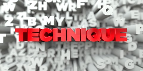 TECHNIQUE -  Red text on typography background - 3D rendered royalty free stock image. This image can be used for an online website banner ad or a print postcard.