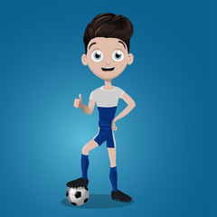 Cartoon boy smiling with soccer ball and thumb up