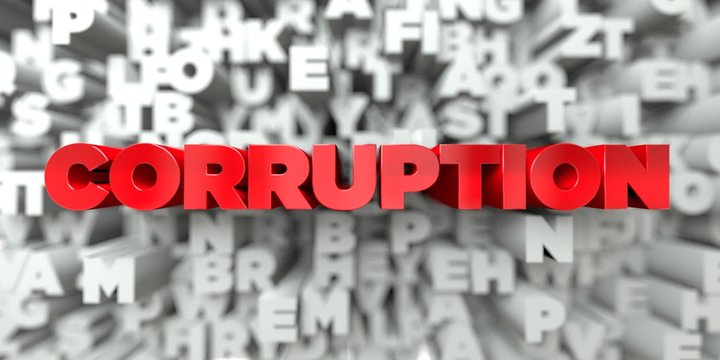 CORRUPTION -  Red text on typography background - 3D rendered royalty free stock image. This image can be used for an online website banner ad or a print postcard.