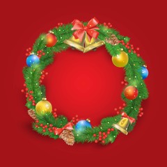 Festive Christmas wreath with balls, bells, mistletoe, tree cone and bow.