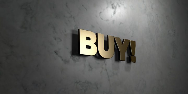 Buy! - Gold sign mounted on glossy marble wall  - 3D rendered royalty free stock illustration. This image can be used for an online website banner ad or a print postcard.