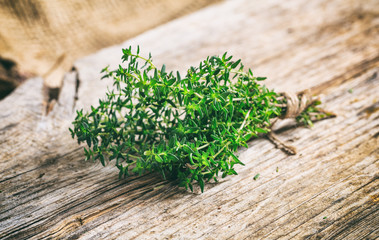 Fresh thyme on wooden background
