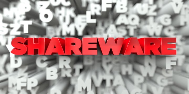 SHAREWARE -  Red text on typography background - 3D rendered royalty free stock image. This image can be used for an online website banner ad or a print postcard.