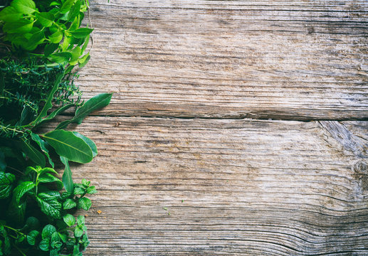 Variety of herbs on wooden background, top view, copy space