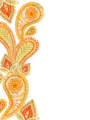 Watercolor paisley orange border. Ethnic ornament background. - 128188167