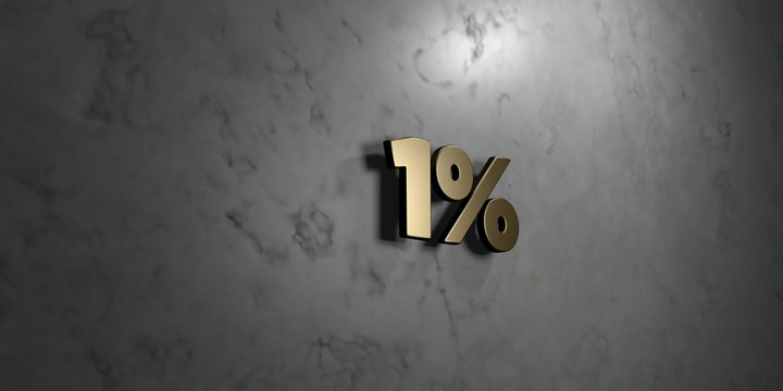 1% - Gold sign mounted on glossy marble wall  - 3D rendered royalty free stock illustration. This image can be used for an online website banner ad or a print postcard.