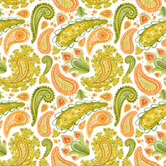 Watercolor orange and green paisley seamless pattern. Ethnic ornament repeating background.