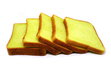 Pieces of pandan flavor breads, isolated on white background