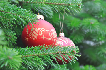 Closeup of Green Christmas-tree background, Red and Gold Balls