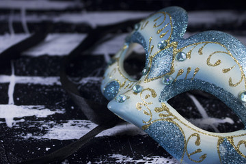 white blue glitter diamond masquerade mask party on black and white acrylic paint canvas