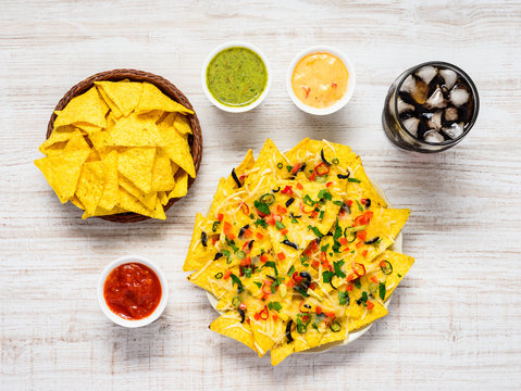 Nachos with Dip, Sauce and Cold Drink Cola
