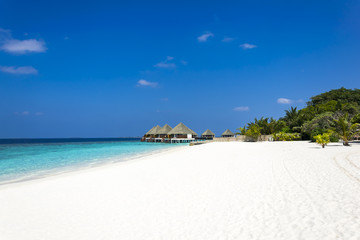Typically Maldivian Landscape with turquoise ocean, blue sky, white sand beach and beach villas in background.