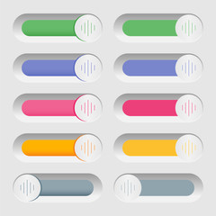 Set of colorful toggle switch icons. Switch buttons. On and Off position. Vector user interface set including switches.