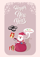 Santa Claus Sit On Red Sack Drone Delivery Present, New Year Christmas Holiday Vector Illustration