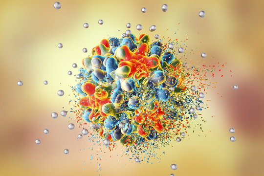 Destruction of hepatitis B virus by silver nanoparticles, 3D illustration. Conceptual image for antiseptics and hepatitis treatment