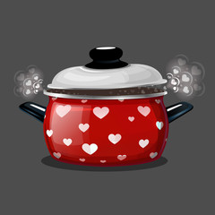Vector illustration of a red pot, steam comes out of it in the form of hearts. Card for the holiday Valentine's Day.