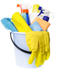 House chores bucket with cleaning supplies isolated
