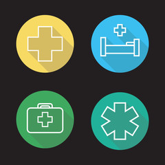 Hospital flat linear long shadow icons set