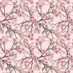 Vector seamless background with sakura blossoms and folliage. Black white eps outlined illustration.