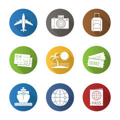 Vacation and travel flat design long shadow icons set