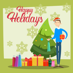 Business Man Hold Present Box Gift Merry Christmas And Happy New Year Flat Vector Illustration