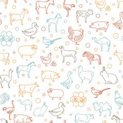 Farm animal thin line collection. Seamless patten. Flat design