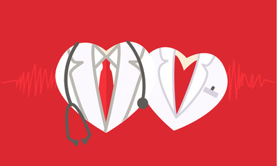 Doctor icon on red medical background. Cardiology heart symbol. Healthcare And Medical concept - heart cardiologists. Stethoscope