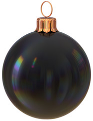 Christmas ball New Year's Eve bauble black decoration shiny wintertime hanging adornment sphere souvenir. Traditional ornament happy winter holidays Merry Xmas symbol closeup. 3d illustration isolated