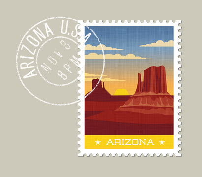 Arizona postage stamp design. Detailed vector illustration of scenic desert landscape with grunge postmark on separate layer