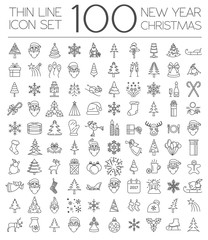 Christmas, New Year holidays icon big set. Thin line version. Fl