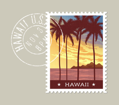 Hawaii postage stamp design. Vector illustration of tall palm trees at sunset. Grunge postmark on separate layer
