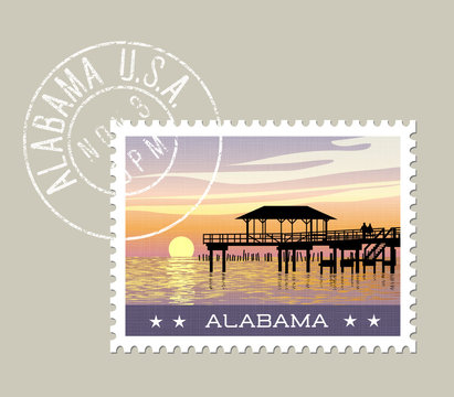 Alabama, Postage Stamp Design. Vector Illustration Of Gulf Coast With Fishing Pier. Grunge Postmark On Separate Layer