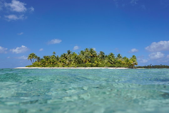 Pristine tropical island with turquoise water seen from the sea surface in the lagoon, atoll of Tikehau, Tuamotu archipelago, French Polynesia, Pacific ocean