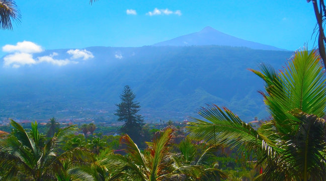 View of the Teide volcano, beach Jardin, Puerto de la Cruz, Tenerife, Spain