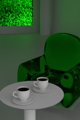 3D-Rendering eines futuristischen Zimmers mit zwei Kaffeetassen auf dem Tisch und einem Bild von realen, grünen Blättern auf dem großen Bildschirm