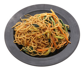 Chinese food. Spaghetti with spinach