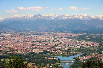 Turin (Torino), aerial panorama, landscape of the city and Alps in wintertime, Italy, Europe