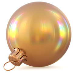 Christmas ball golden New Years Eve decoration gold bauble wintertime hanging adornment souvenir. Traditional ornament happy winter holidays Happy Merry Xmas symbol blank shiny yellow. 3d illustration